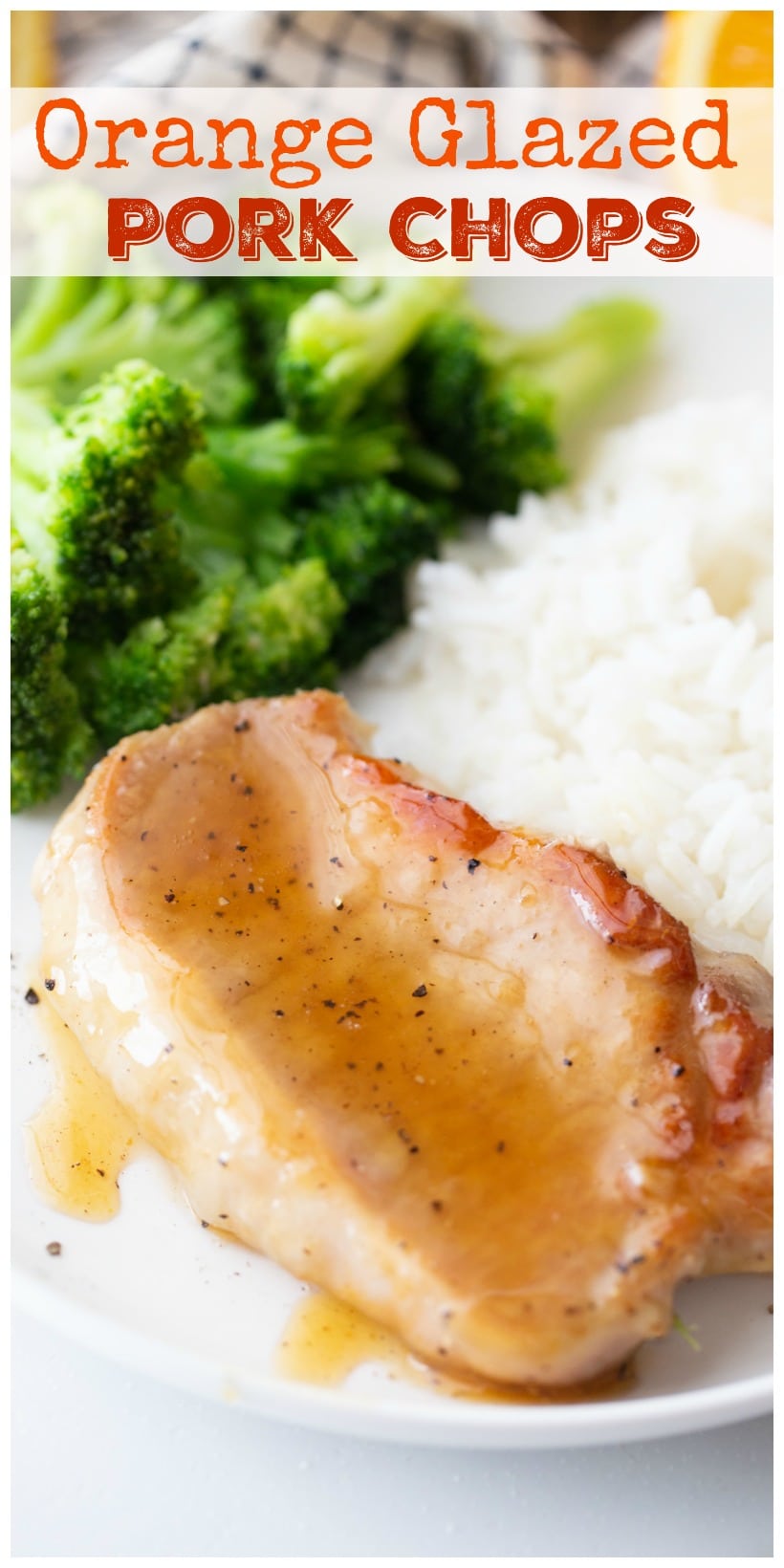 Glazed pork chop on a plate with rice and broccoli.