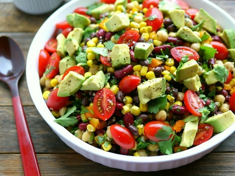 VIDEO + Recipe: A filling and satisfying dish, this Avocado and Three Bean Salad is the perfect side to any meal. You need to try it as soon as possible from NoblePig.com. #noblepig #avocado #avocadosalad #threebeansalad