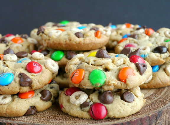 Soft Baked Cheerio Monster Cookies stacks