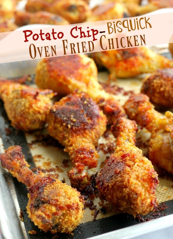 Video + Recipe: These Potato Chip-Bisquick Oven "Fried" Drumsticks are crispy, crunchy and delicious without ever getting out the fryer. It's delicious right out of the oven and throughout the week for leftovers from NoblePig.com. #noblepig #friedchicken #chicken #picnicrecipes #potatochips