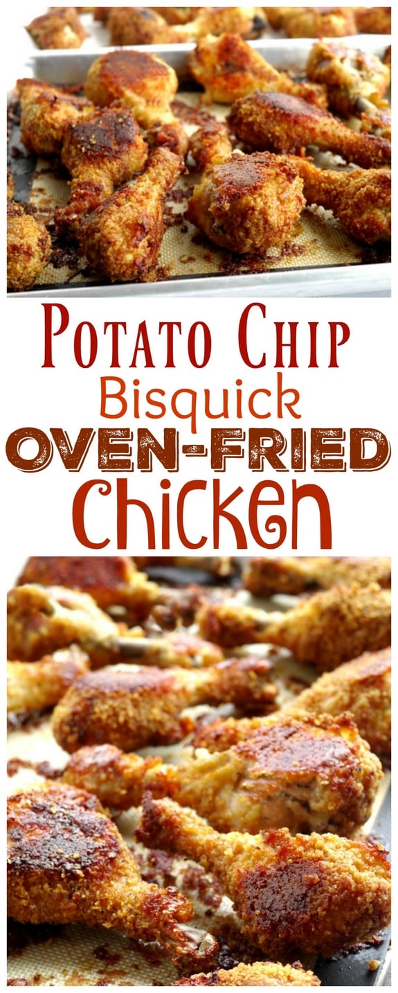 Video + Recipe: These Potato Chip-Bisquick Oven "Fried" Drumsticks are crispy, crunchy and delicious without ever getting out the fryer. It's delicious right out of the oven and throughout the week for leftovers from NoblePig.com. #noblepig #friedchicken #chicken #picnicrecipes #potatochips via @cmpollak1
