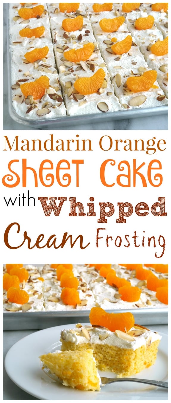 VIDEO + RECIPE: This Mandarin Orange Sheet Cake with Whipped Cream Frosting has the most delicious and satisfying texture you'll ever want to experience in a cake from NoblePig.com. #noblepig #cake #mandarinorange #sheetcake
