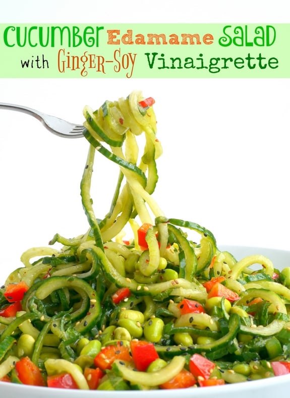 Cucumber Edamame Salad with Ginger-Soy Vinaigrette in text with a fork lifting the spiralized cucumber and salad underneath.