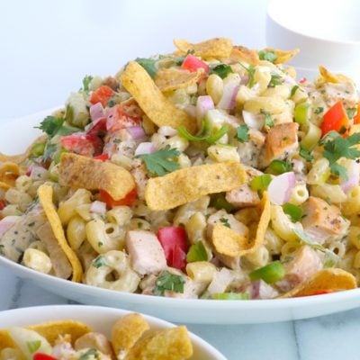 Kicked-Up Chicken-Macaroni Salad in a white bowl.