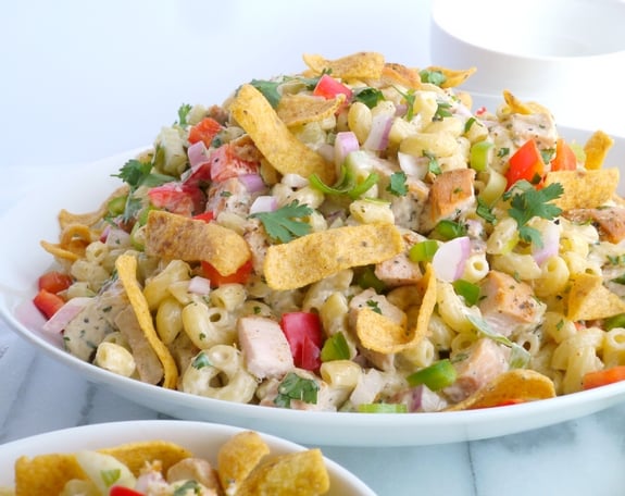 Kicked-Up Chicken-Macaroni Salad in a white bowl.