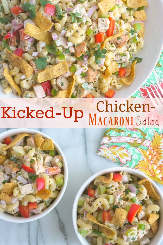 Kicked-Up Chicken-Macaroni Salad in text with three bowls of macaroni salad and a colorful napkin.