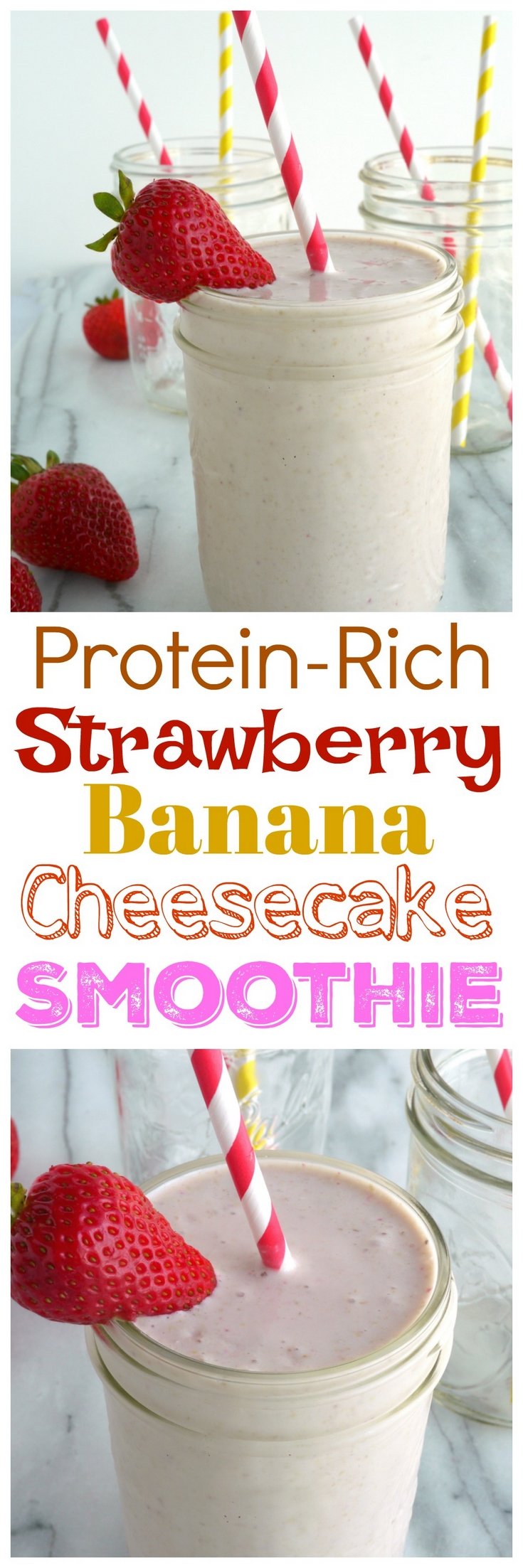 This rich and delicious Protein Rich Strawberry Banana Cheesecake Smoothie has the perfect sweet and tangy balance just like your favorite piece of cheesecake. via @cmpollak1