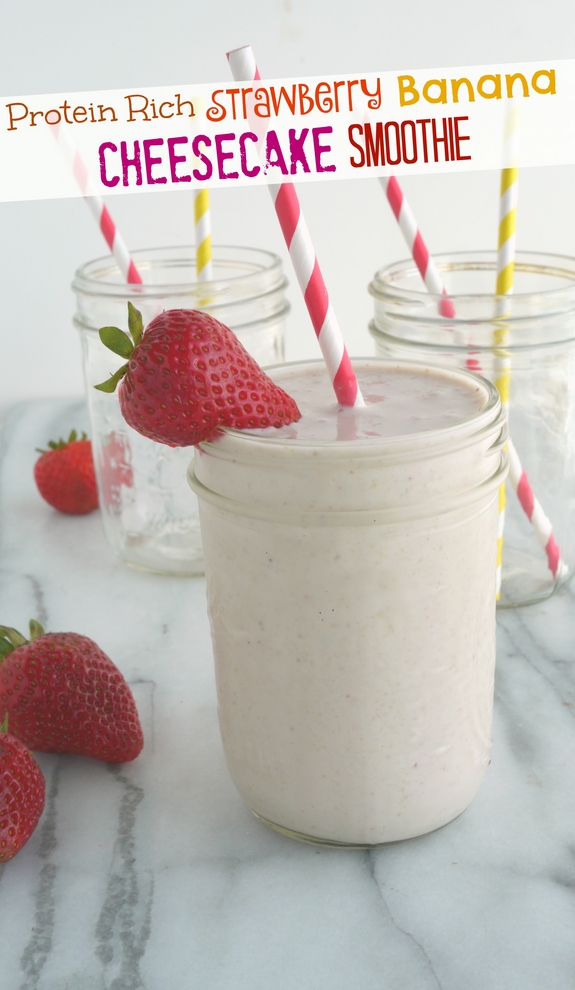 Protein Rich Strawberry Banana Cheesecake Smoothie in text with smoothie in a glass and two empty glasses.