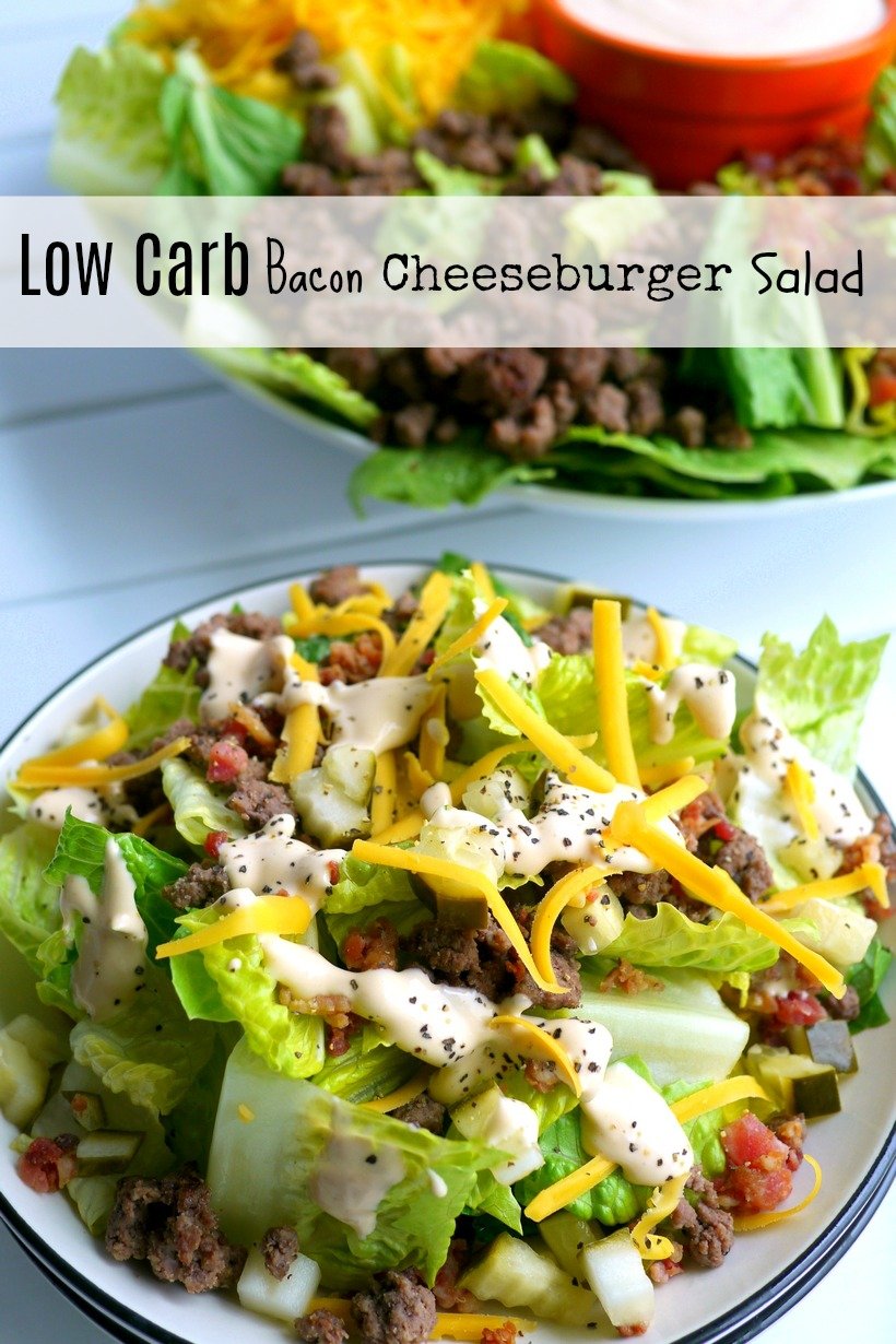 If you are trying to cut sugar out of your diet, this Low Carb Bacon Cheeseburger Salad Recipe is the perfect meal for you. Who needs the bun anyway? You'll be surprised how much this flavorful salad mimics your favorite burger. A gluten-free, keto-friendly meal that makes a healthy lunch or dinner from NoblePig.com. #noblepig #salad #keto #lowcarb #glutenfree #cheeseburger #healthyeats