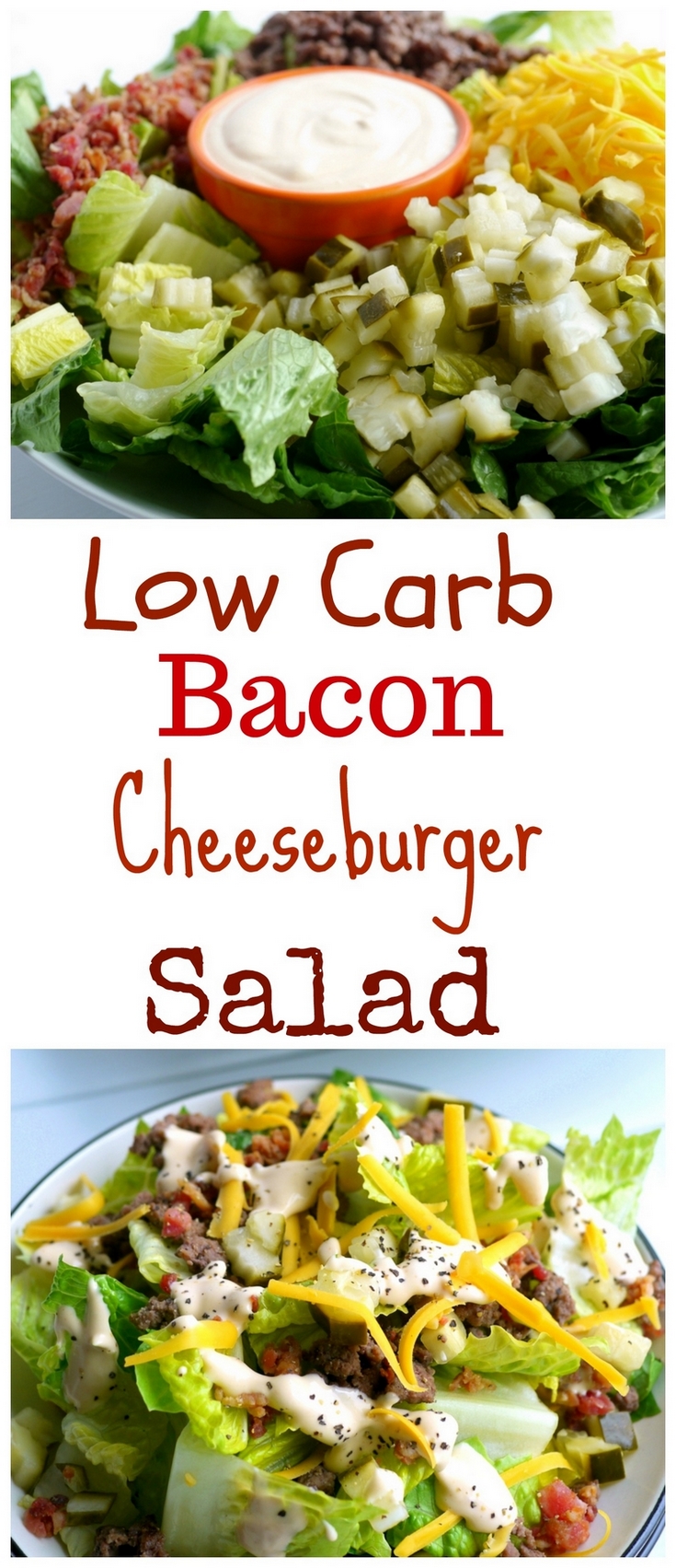 If you are trying to cut sugar out of your diet, this Low Carb Bacon Cheeseburger Salad Recipe is the perfect meal for you. Who needs the bun anyway? You'll be surprised how much this flavorful salad mimics your favorite burger. A gluten-free, keto-friendly meal that makes a healthy lunch or dinner from NoblePig.com. #noblepig #salad #keto #lowcarb #glutenfree #cheeseburger #healthyeats via @cmpollak1