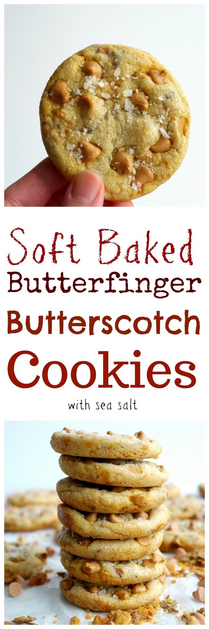 These Soft Baked Butterscotch-Butterfinger Cookies are all you need to satisfy your sweet tooth! The mixture of butterscotch chips with their brown sugar goodness and the crunchy texture of Butterfinger baking bits is going to rock your cookie jar, from NoblePig.com. via @cmpollak1