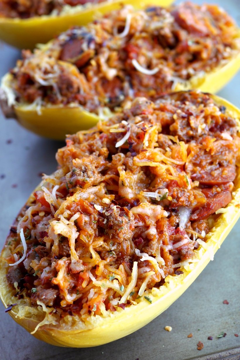 All the flavors of a hearty spaghetti dinner packed into a tender, roasted spaghetti squash. This Stuffed Spicy Italian Spaghetti Squash Boats