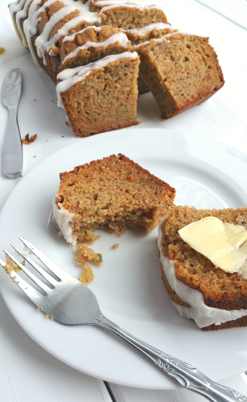 A slice of this Zucchini Honey Loaf  is all you need in the afternoon to get you through the afternoon slump.  It's definitely the right choice with a cup of coffee or tea from NoblePig.com. #noblepig #snackcake #honey #zucchinibread #zucchini