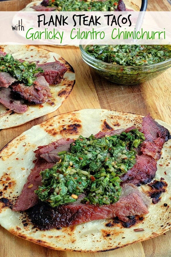 Make the best street food at home with these Flank Steak Tacos with Garlicky Cilantro Chimichurri. These tacos are essentially going to be your go-to summer, grilling meal. #noblepig #grilling #beef #flanksteak #chimichurri via @cmpollak1