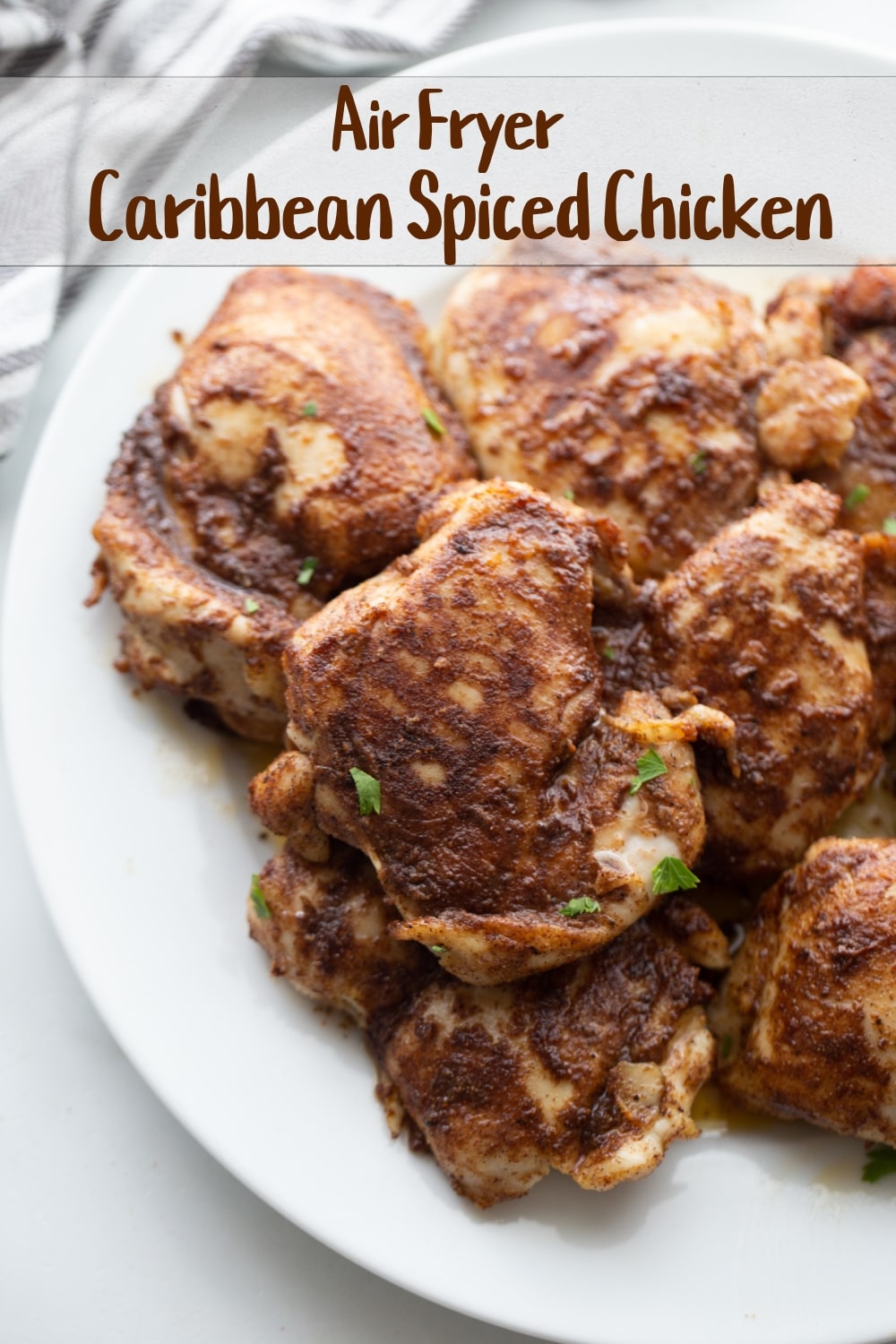 Every bite of this Air Fryer Caribbean Spiced Chicken is juicy, luscious and a testimony to the fragrant spices, flair and exotic flavors of the Caribbean. As usual, the air fryer locks in the juiciness and creates the perfect chicken every time. via @cmpollak1