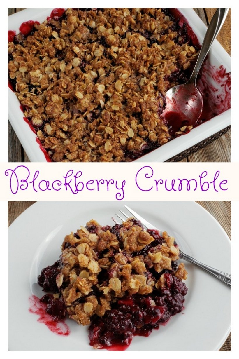 Two pictures of blackberry crumble in a serving dish and another on a plate with the text blackberry crumble appearing in the photo.