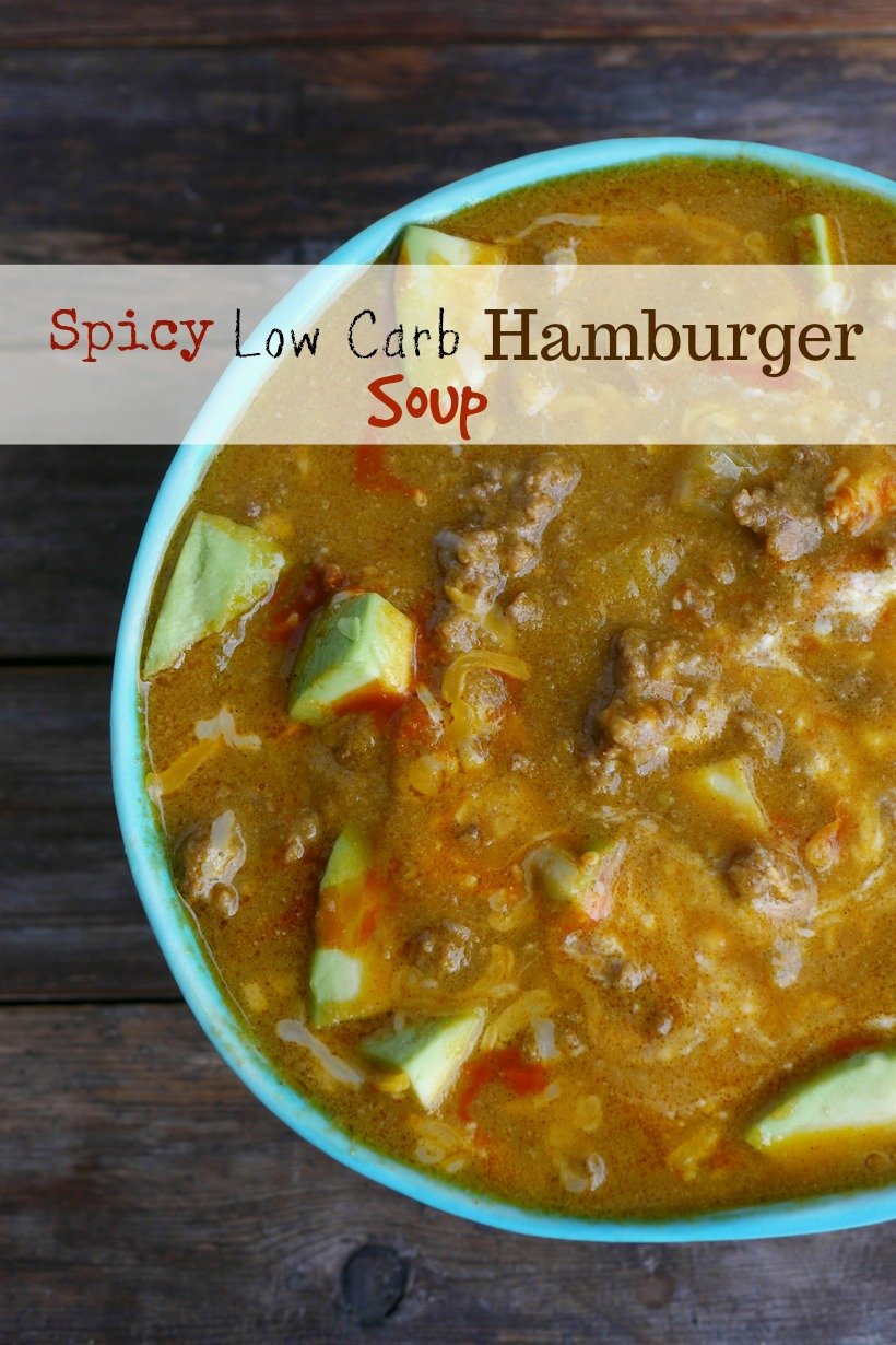 Easy, delicious and ready in under thirty minutes, this Spicy Low Carb Hamburger Soup is a hearty and warming dinner. Since it makes a large batch, there will be enough leftovers for lunches and dinners that week. This soup is keto friendly. #noblepig #keto #ketorecipe #lowcarb #easydinner