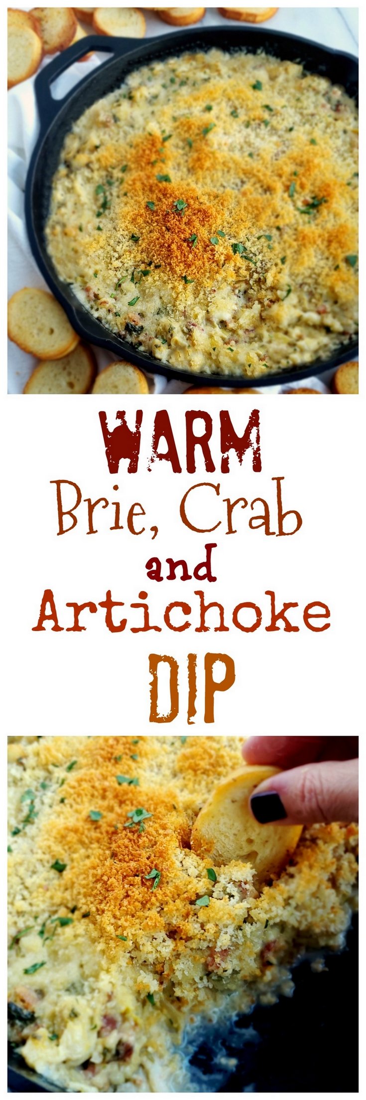 Buttery Brie cheese covered with a layer of baked bread crumbs reveals a hot dip packed with crab, artichoke and bacon. It doesn't get much better than this Warm Brie, Crab and Artichoke Dip! #noblepig #lowcarb #ketorecipe #crabdip via @cmpollak1