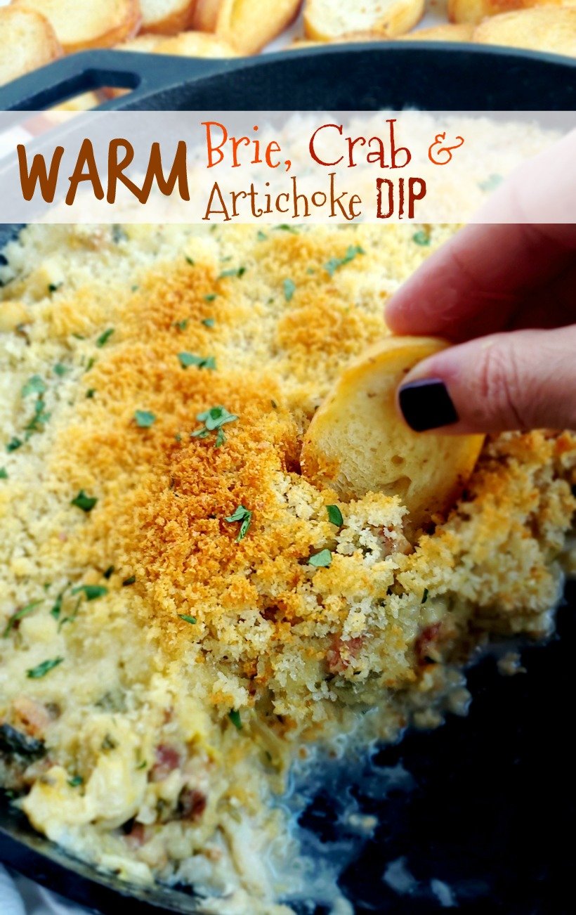Buttery Brie cheese covered with a layer of baked bread crumbs reveals a hot dip packed with crab, artichoke and bacon. It doesn't get much better than this Warm Brie, Crab and Artichoke Dip! #noblepig #lowcarb #ketorecipe #crabdip