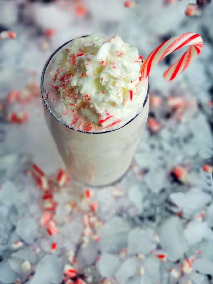 Treat yourself to a Candy Cane Frappe this holiday season or anytime you are craving a delightful peppermint flavored beverage. #noblepig #frappe #candycane
