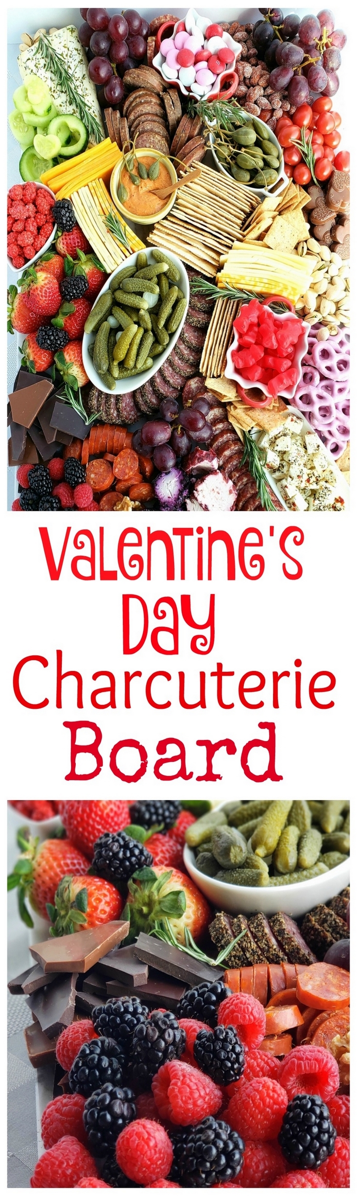 Celebrate a decadent Valentine's Day at home with a bottle of wine and a "love themed", easy to make Valentine's Day Charcuterie Board. #valentinesday #charcuterie #datenight via @cmpollak1