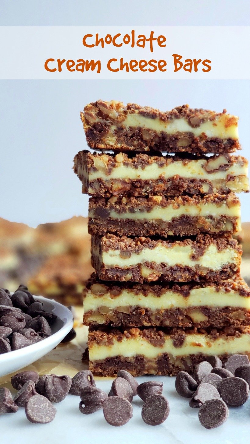 Perfect for any occasion, these Chocolate Cream Cheese Bars feature a unique chocolate graham cracker crust and topping, with a creamy middle layer. #creamcheesedessert