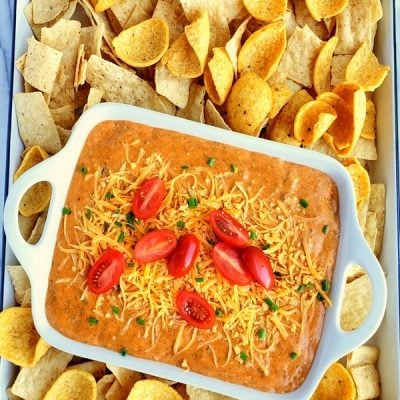 Last Minute Chili Dip on a tray with chips