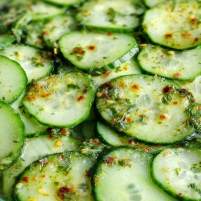 Cucumbers with Mint Vinaigrette in a bowl.