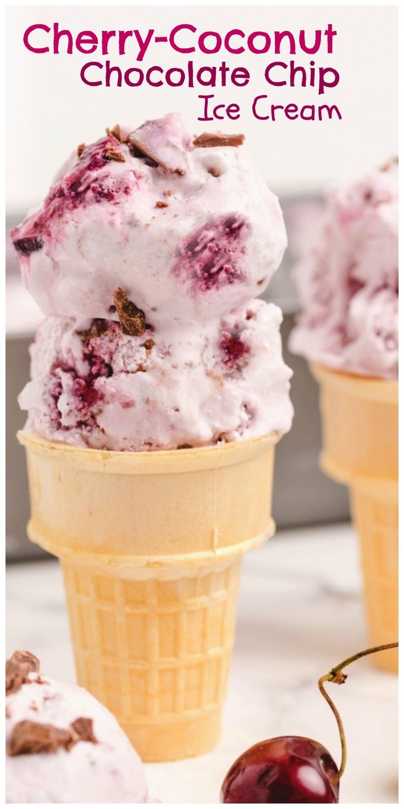Coconut-Cherry Chocolate Chip Ice Cream is a no-custard required homemade ice cream packed with fresh cherries and chunks of chocolate. It is absolutely the best cherry season treat. via @cmpollak1