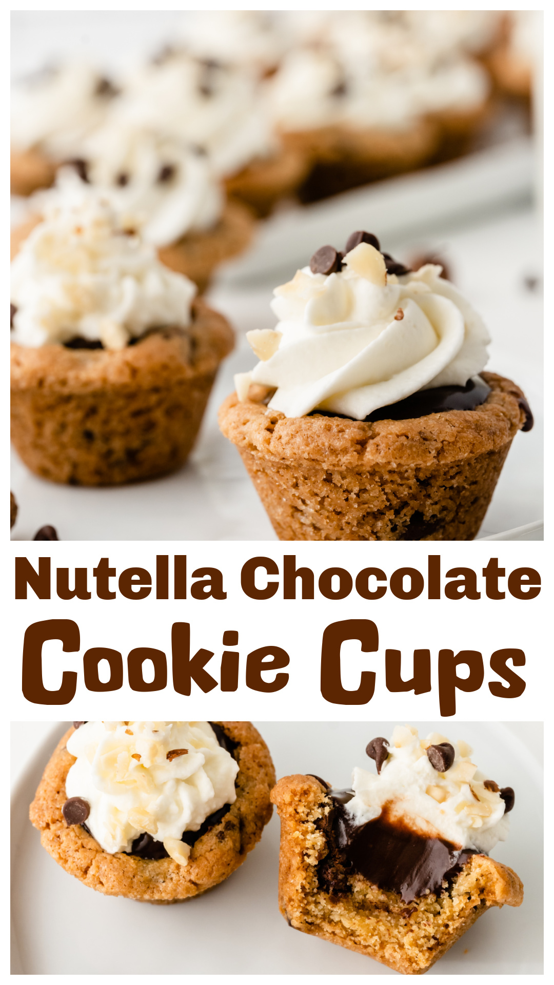 Nutella chocolate cookie cups baked in a mini muffin tin with a soft chocolate chip cookie shell and a smooth Nutella chocolate center. These bite-sized cookie cups are pressed twice so they hold their shape and stay easy to eat one-handed. A make-ahead friendly chocolate dessert that&rsquo;s perfect for parties, movie nights, and dessert trays. No fork required. via @cmpollak1