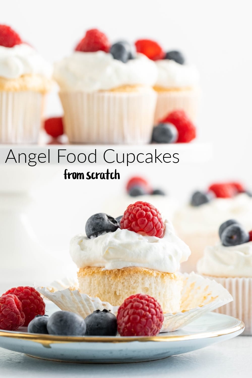 Lighter than air, from scratch, Angel Food Cupcakes, with their melt in-your-mouth texture, and topped with a generous puff of whipped cream and sweet berries.  via @cmpollak1