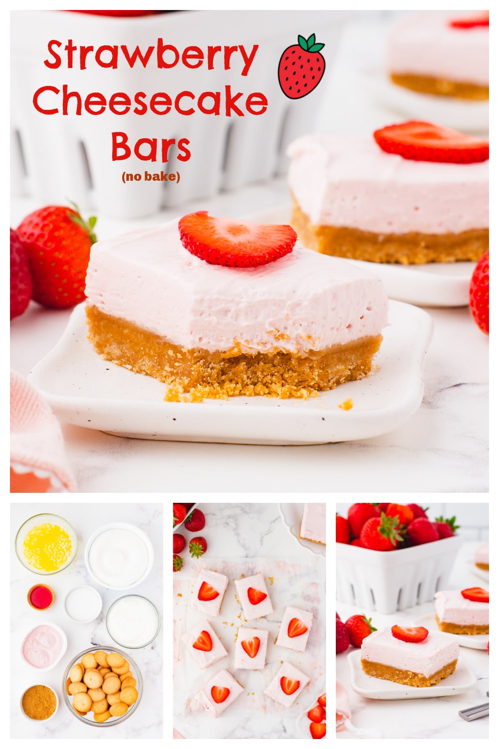 Creamy, no-bake Strawberry Cheesecake Bars, with a light and airy cream cheese filling, are the ideal, all-occasion dessert you have been dreaming about. The vanilla wafer crust is the perfect complement to this tasty dish. via @cmpollak1