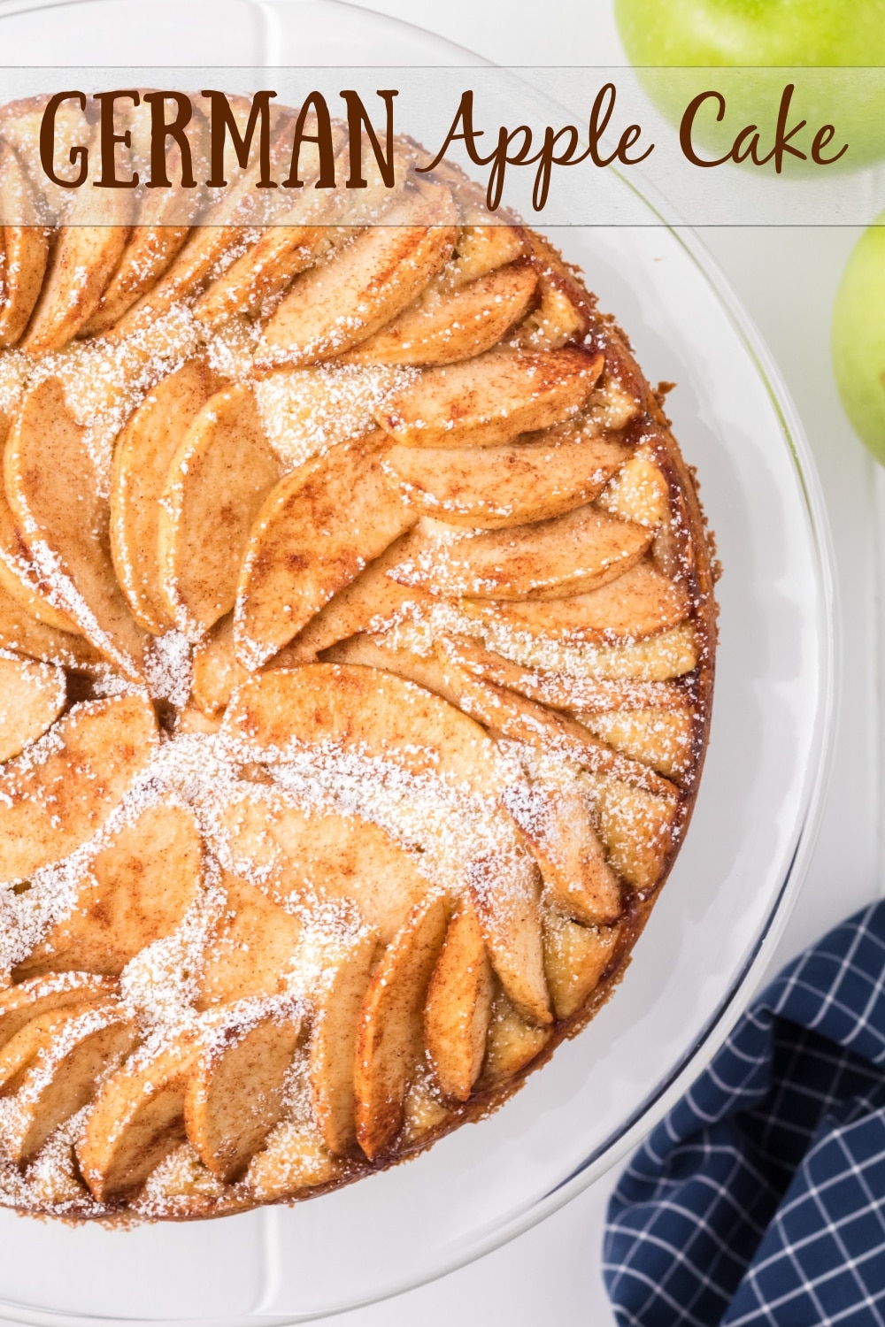 German Apple Cake is a  favorite, single-layered dessert. The simple, vanilla-flavored batter rises perfectly around thinly sliced, fanned apples and finished with a generous dusting of confectioners' sugar. via @cmpollak1