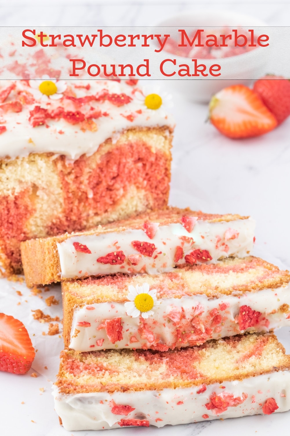 This Strawberry Marbled Pound Cake is a festive dessert that combines classic flavors of vanilla and strawberry in an eye-catching, swirled pattern. This cake's soft and crumby texture, along with its cream cheese frosting make it the perfect addition to any dessert table. via @cmpollak1