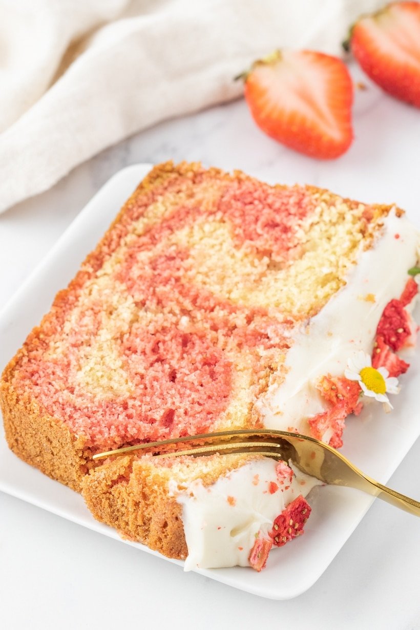 strawberry pound cake with cream cheese frosting.