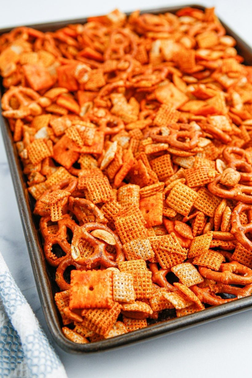 Bold BBQ Chex Snack Mix in a baking tray.