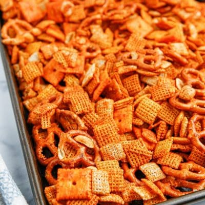 BBQ Chex Snack Mix in a baking tray.