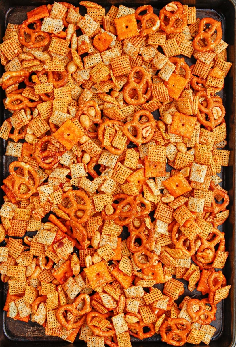 Snack mix in a baking tray.