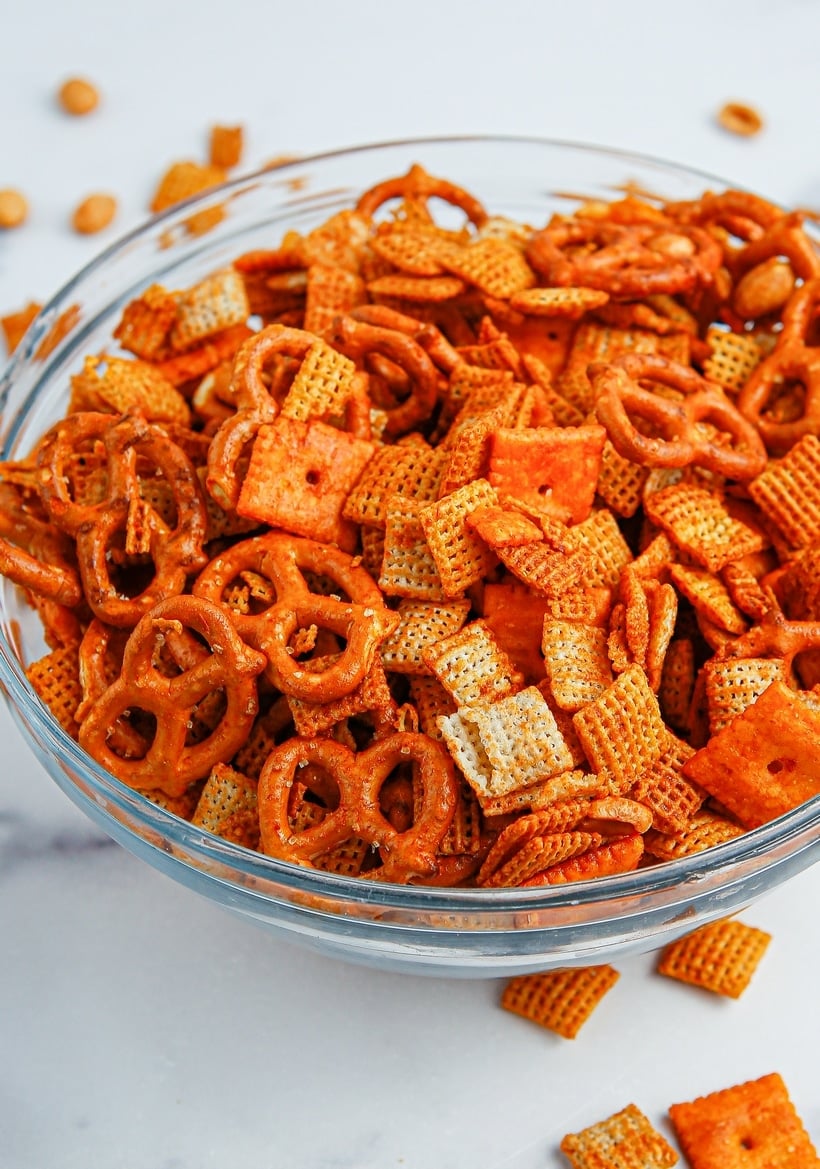 Crunchy snack mix in a bowl.