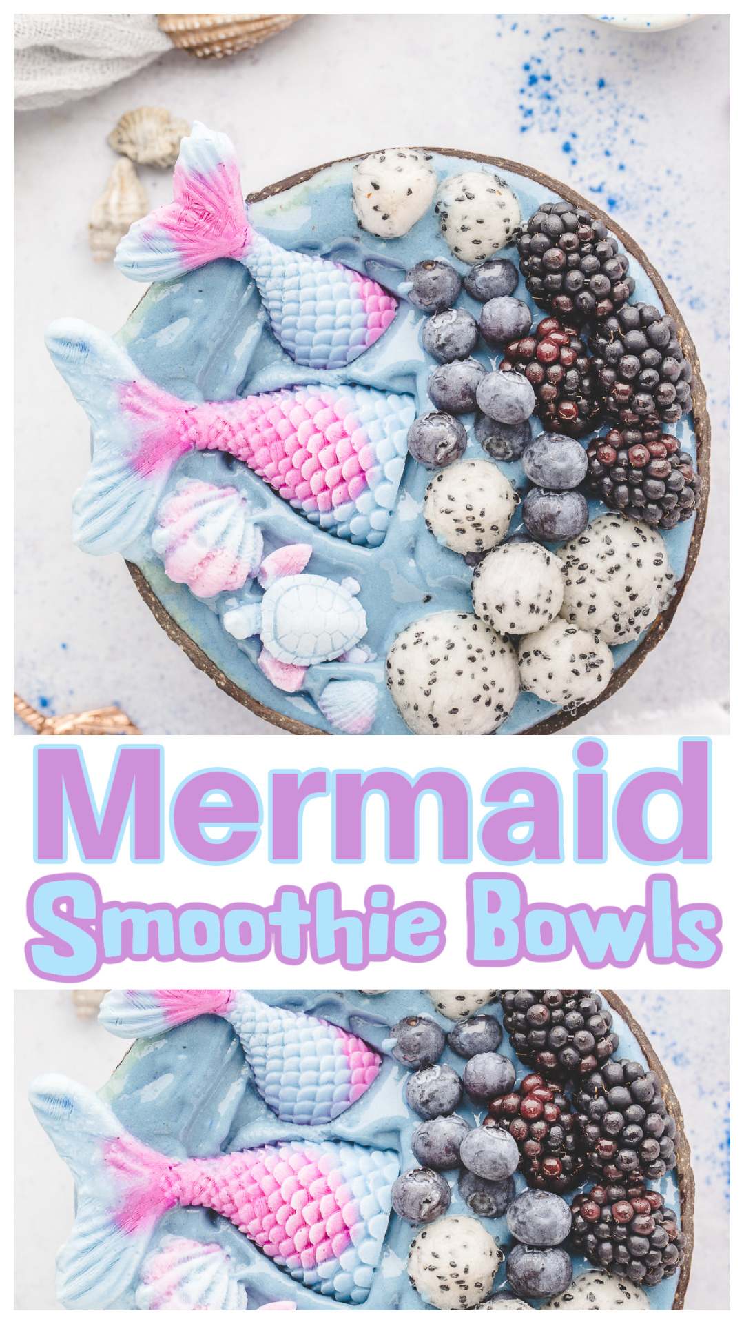 Mermaid Smoothie Bowls are made with frozen banana, mango, yogurt, and colorful yogurt mermaid tails that are surprisingly easy to make. The edible decorations are frozen in silicone molds, then topped with dragon fruit, blueberries, and blackberries for a fun breakfast, summer snack, birthday breakfast, or sleepover treat. Includes tips for using blue spirulina or food coloring, making the decorations ahead, and creating a thick smoothie bowl. via @cmpollak1