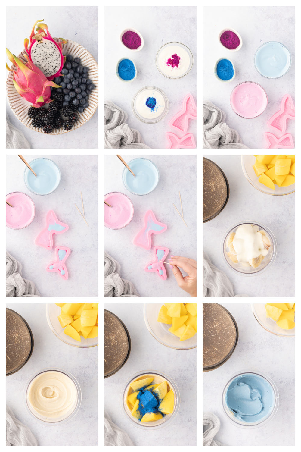 Process collage showing how to make mermaid smoothie bowls, including coloring yogurt, filling silicone molds, blending the smoothie, and decorating the bowl.