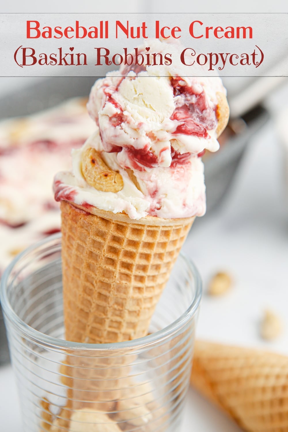 Studded with cashews and swirled with ribbons of raspberry and blackberry jam, this no churn version of Baseball Nut Ice Cream is an ice cream store favorite and simple enough to make at home. This copycat Baskin-Robbins copycat recipe is one of the best summer desserts and the best homemade ice cream via @cmpollak1