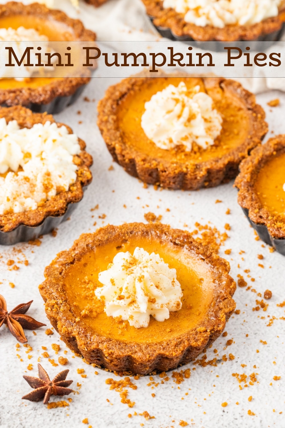 These Mini Pumpkin Pies feature a velvety pumpkin filling in a gingersnap crust, crowned with clouds of decadent whipped cream. The gingersnap crust isn't just a crunchy foundation, but a unique-tasting gateway to the familiar flavors of homemade pumpkin pie. These mini desserts are going to be the most popular item on your holiday table. via @cmpollak1