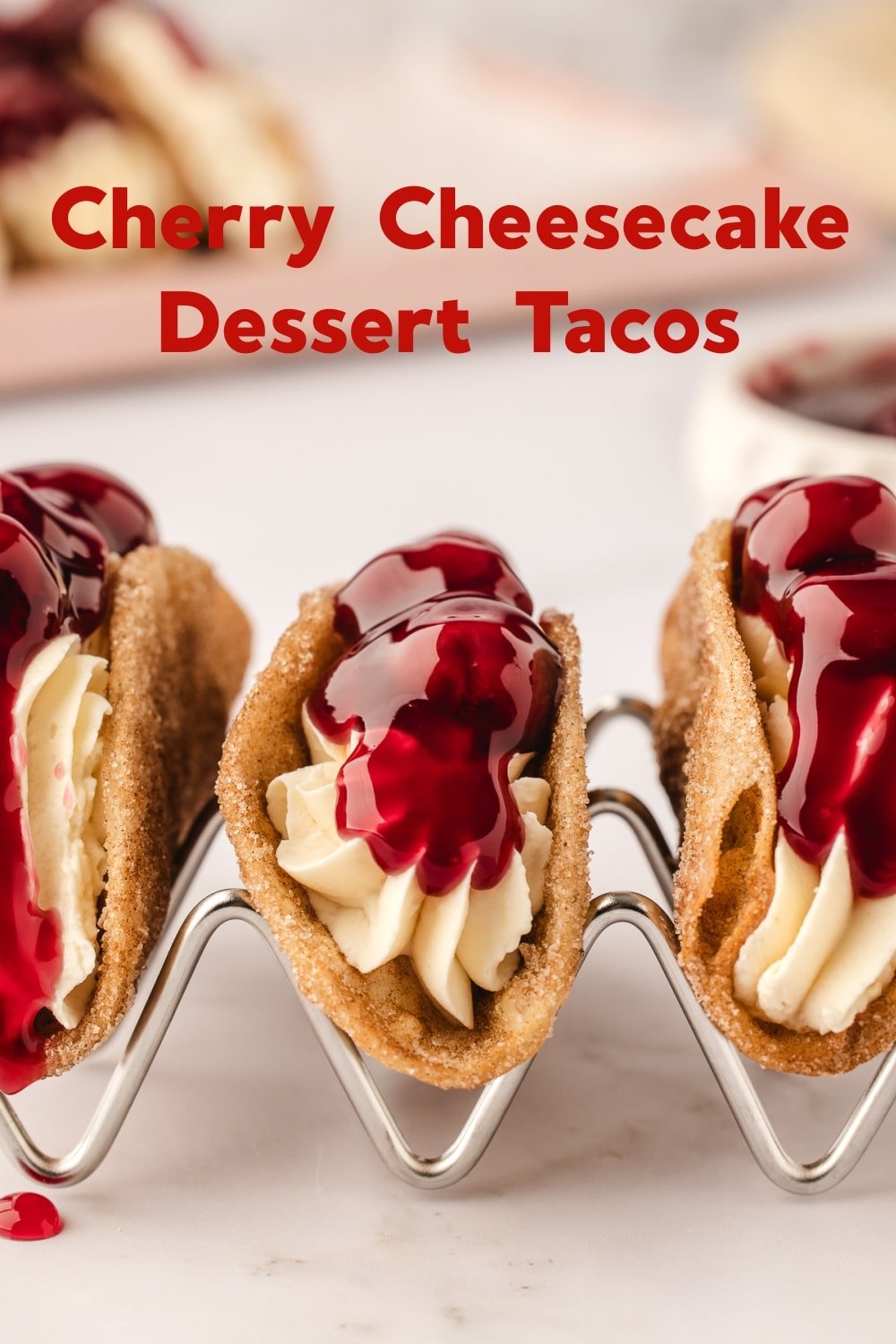 Taco Tuesday just got a sweet treat makeover! Cinnamon-crisp tortillas are filled with an irresistibly smooth and creamy vanilla cheesecake mixture and topped with cherry pie filling. You'll want to eat these dessert tacos every day of the week! via @cmpollak1