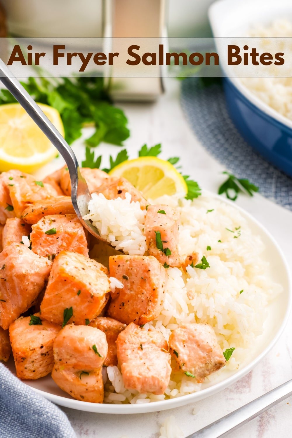 Try these mouthwatering air fryer salmon bites with lemon garlic butter sauce. Quick and easy, they make a perfect meal served over rice. via @cmpollak1