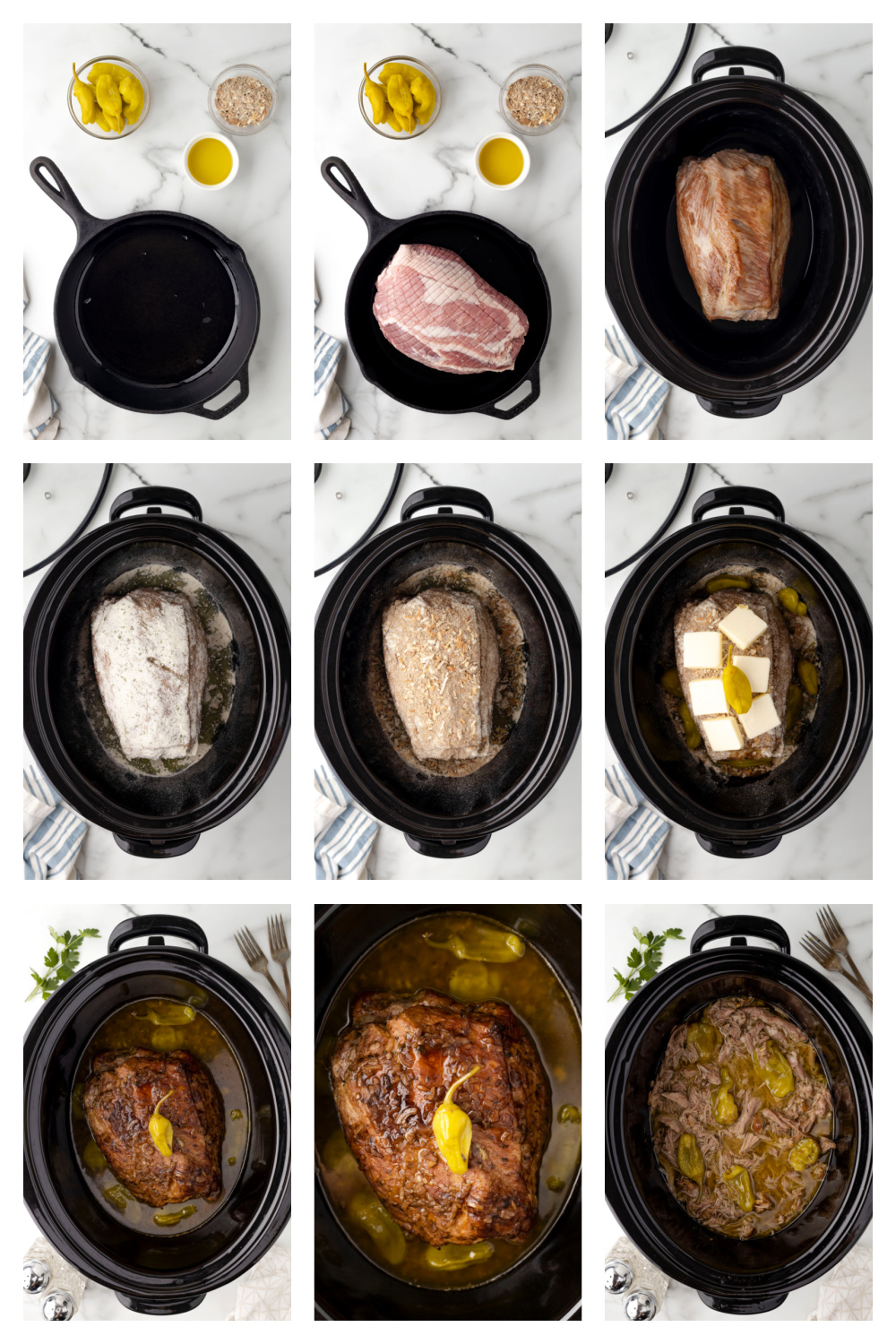 How to Make Slow Cooker Mississippi Pork Roast Step by Step Nine-step photo collage showing how to make slow cooker Mississippi pork roast, from searing the pork loin and adding ranch seasoning, onion soup mix, butter, and pepperoncini to shredding the cooked pork.