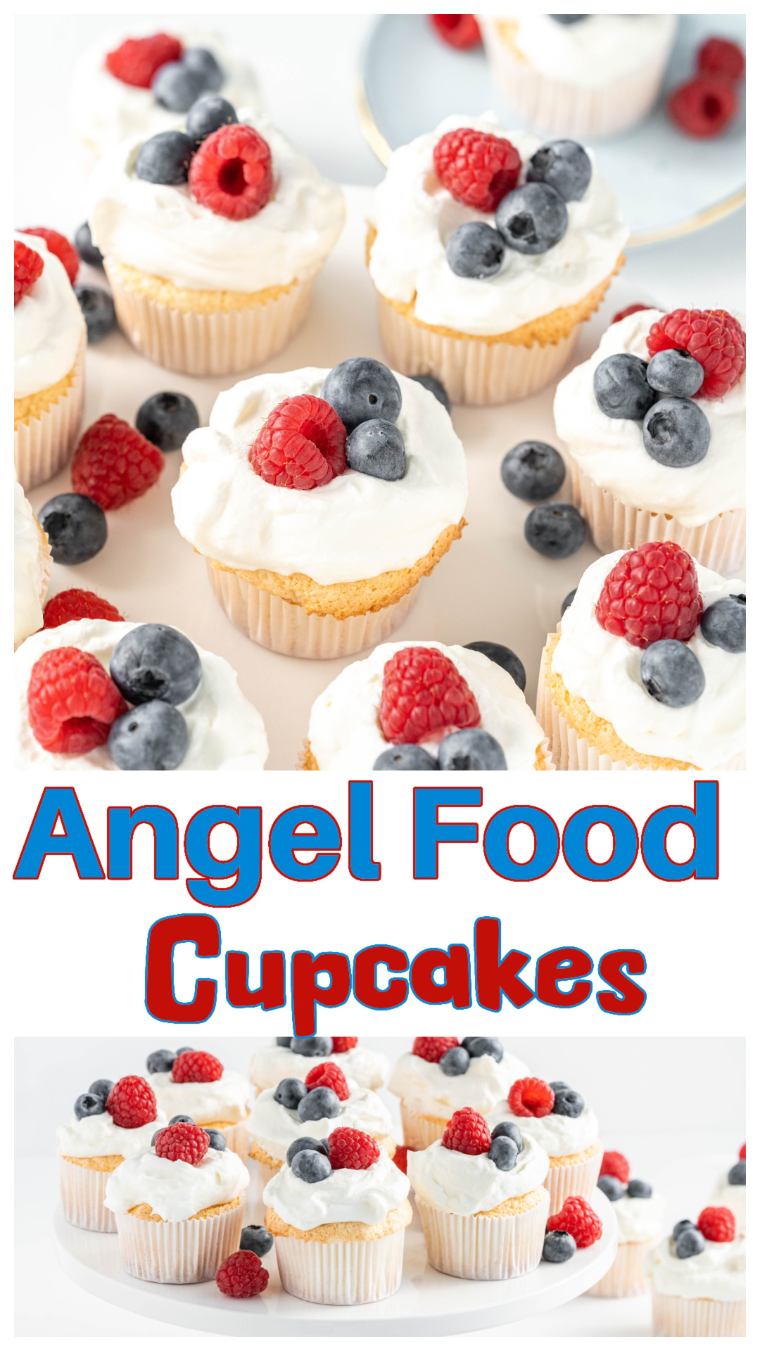 These angel food cupcakes are baked in a standard muffin tin and topped with homemade whipped cream and fresh berries for an easy summer dessert. They have the light texture of classic angel food cake without needing a tube pan, making them perfect for Fourth of July parties, cookouts, baby showers, brunches, and summer gatherings. Individual angel food cakes are simple to serve and look beautiful on any dessert table. via @cmpollak1