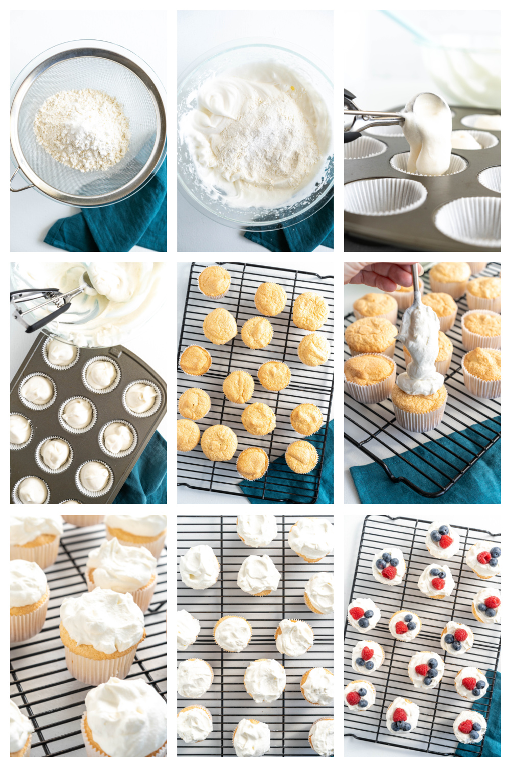 Process collage showing how to make angel food cupcakes from whipped egg whites to baked cupcakes