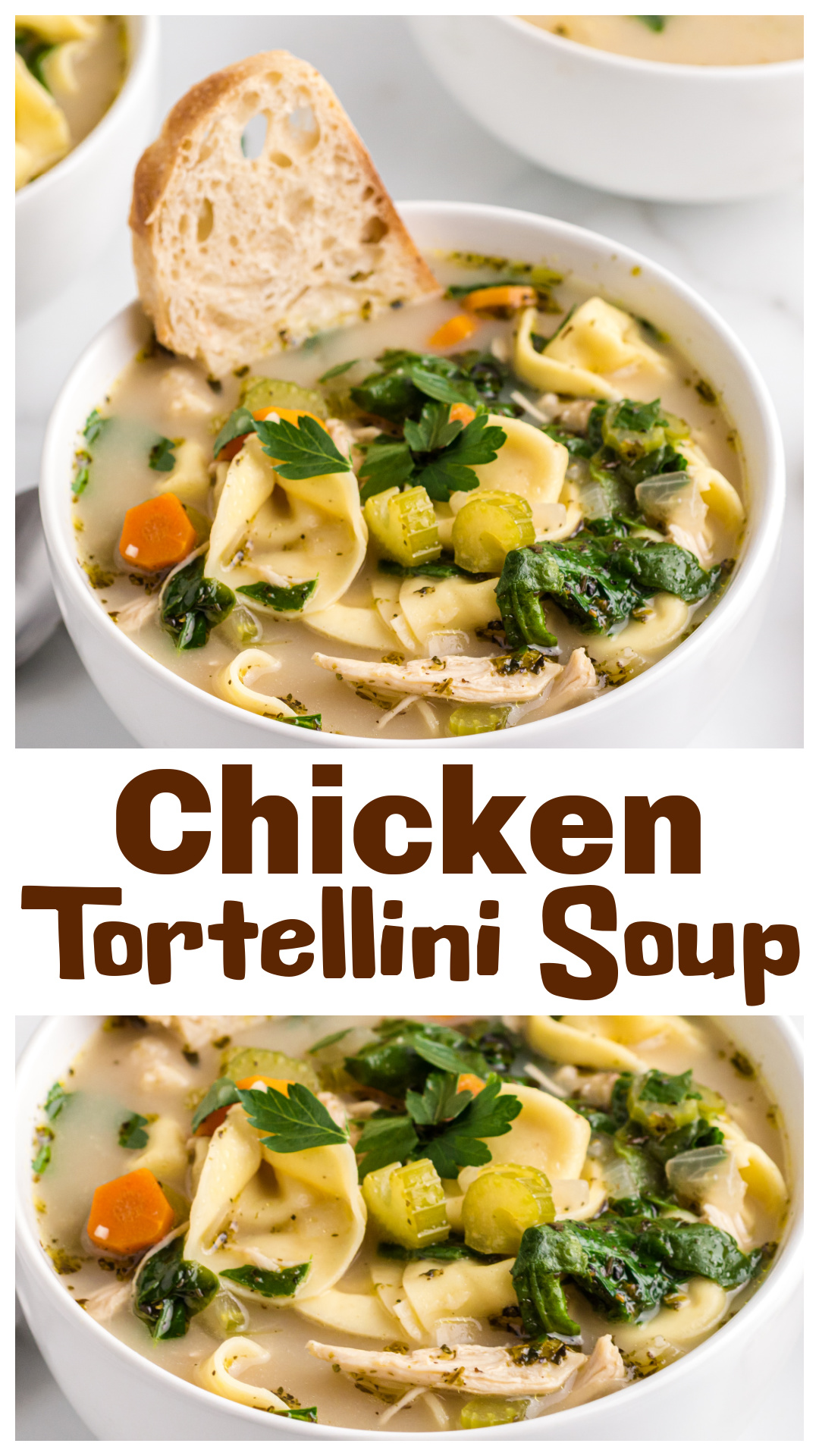 Chicken tortellini soup made in one pot with vegetables, chicken broth, milk, spinach, and cheese-filled tortellini. This chicken tortellini soup recipe is brothy, lightly creamy, and ready in about 30 minutes. Made with cooked chicken, Italian seasoning, and a finish of lemon juice, it&rsquo;s an easy chicken soup recipe for dinner, meal prep, or leftovers. via @cmpollak1