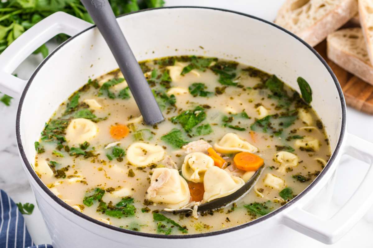 A pot of soup with cheese tortellini, shredded chicken, carrots, spinach, and herbs in a light broth, with a ladle resting inside.